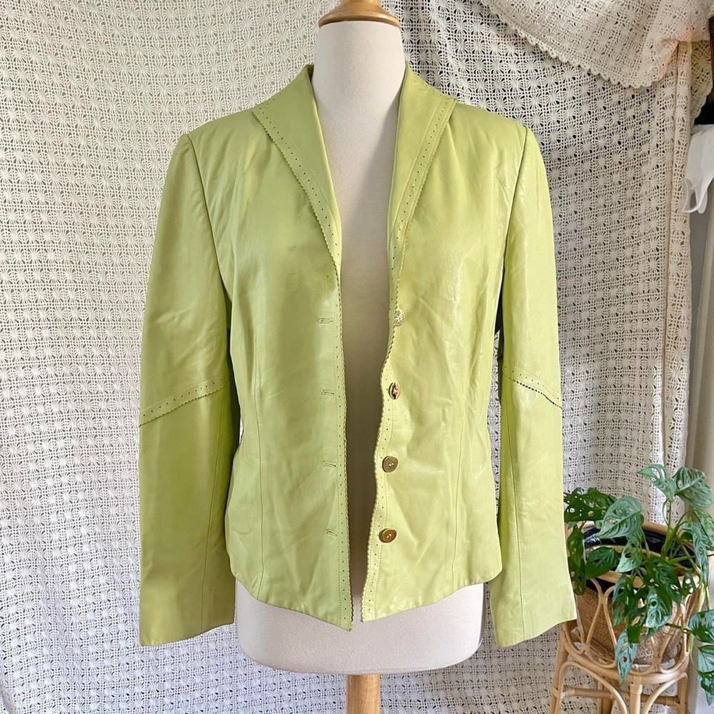 90s Y2K Vintage Lime Green Leather Button Blazer Jacket Size Large Mod Retro